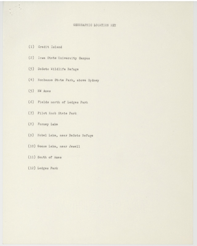 A handwritten list of fall, early spring, and late spring migration dates for numerous bird species in Iowa. The list includes the date of the sighting, the number of birds seen, as well as a key code indicating the location of the sighting. Also included is the type-written geographic location key used to decipher in which one of the 12 different observation spots the sighting was made.