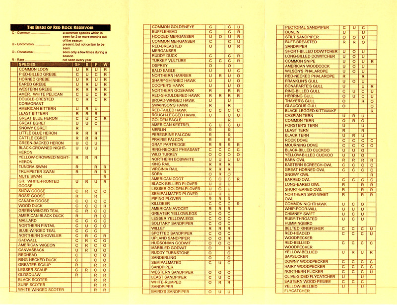 A blank standardized checklist of bird species found at Lake Red Rock. The checklist includes information on each of the four seasons and indicates the frequency of sightings for that time period, including common, uncommon, occasional, or rare. Also includes a list of accidental bird sightings found at Lake Red Rock.