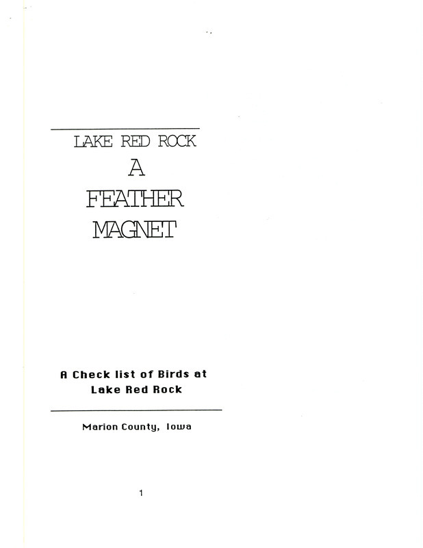 A checklist of 314 species of birds that have been observed at Lake Red Rock since 1969. The bird species are arranged taxonomically and information about their habitat, residency statistics, and an abbreviated calendar of presence and abundances is included.