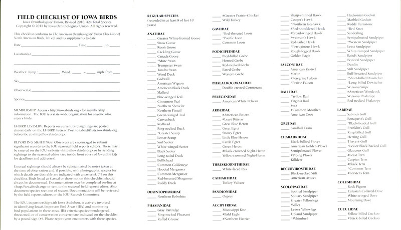 A blank standardized Iowa Ornithologists' Union checklist of Iowa birds form for recording bird species sightings. The list was revised in 2010 and contains 424 total species of birds that are either regular or casual species in Iowa, with additional space to record accidental species.