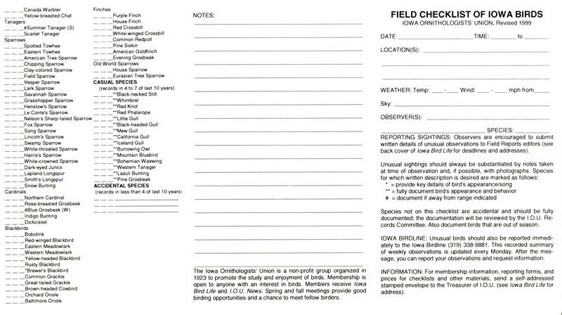 A blank standardized Iowa Ornithologists' Union checklist of Iowa birds form for recording bird species sightings. The list was revised in 1999 and contains birds that are either regular or casual species in Iowa, with additional space to record accidental species.