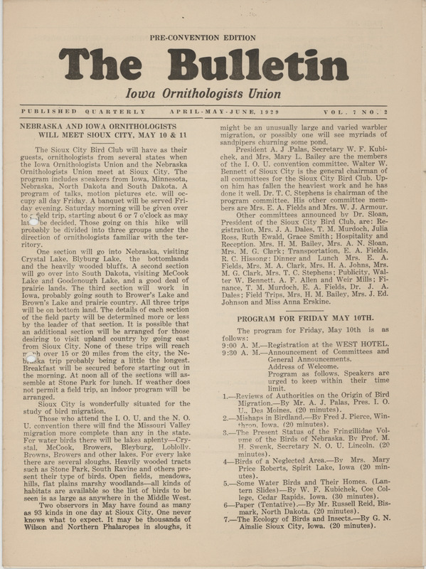 Issue number 2, volume 7 of the Iowa Ornithologists' Union newsletter titled "The Bulletin." Pre-convention edition is typed above the title. The bulletin was published quarterly and title eventually changed to "Iowa bird life."