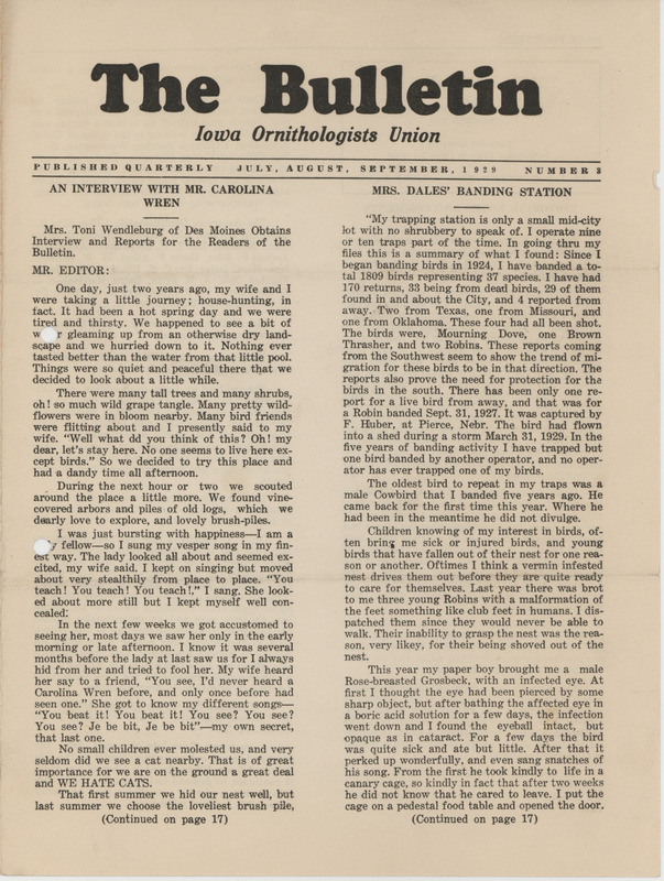 Issue number 3 of the Iowa Ornithologists Union newsletter titled "The Bulletin." The volume is not available on the publication. The bulletin was published quarterly and title eventually changed to "Iowa bird life."