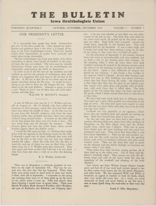 Issue number 4, volume 7 of the Iowa Ornithologists Union newsletter titled "The Bulletin." It was published quarterly and title eventually changed to "Iowa bird life."