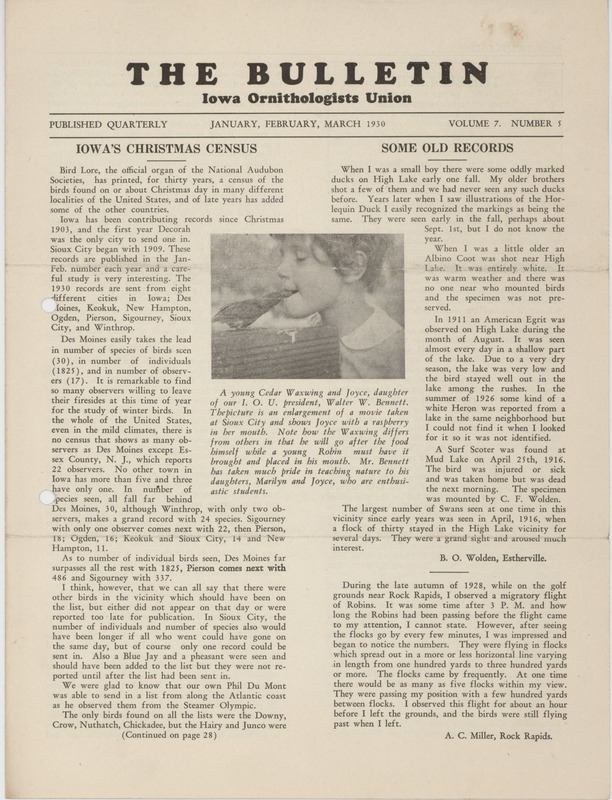 Issue number 5, volume 7 of the Iowa Ornithologists Union newsletter titled "The Bulletin." It was published quarterly and title eventually changed to "Iowa bird life."