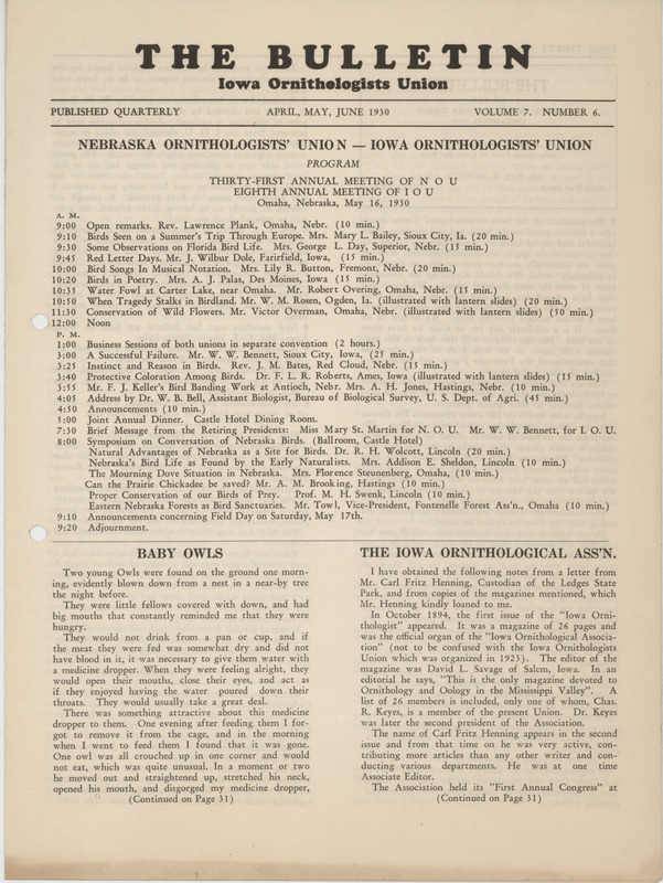 Issue number 6, volume 7 of the Iowa Ornithologists Union newsletter titled "The Bulletin." It was published quarterly and title eventually changed to "Iowa bird life."