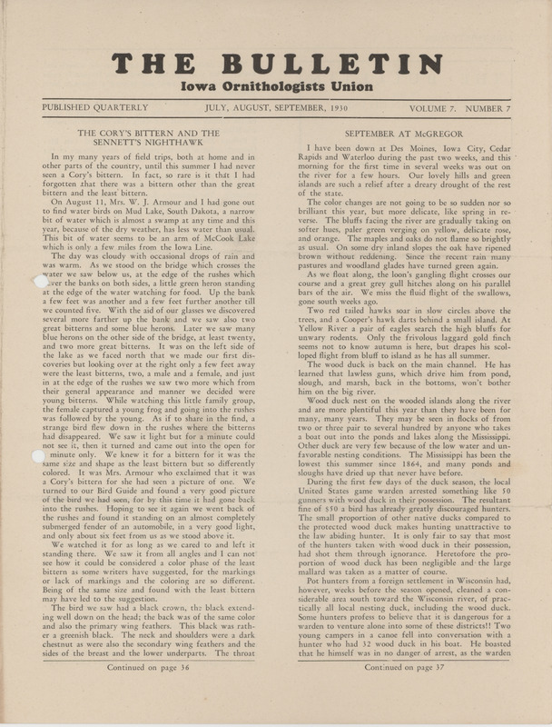 Issue number 7, volume 7 of the Iowa Ornithologists Union newsletter titled "The bulletin." It was published quarterly and title eventually changed to "Iowa bird life."