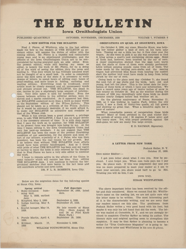 Issue number 8, volume 7 of the Iowa Ornithologists Union newsletter titled "The bulletin." It was published quarterly and title eventually changed to "Iowa bird life."