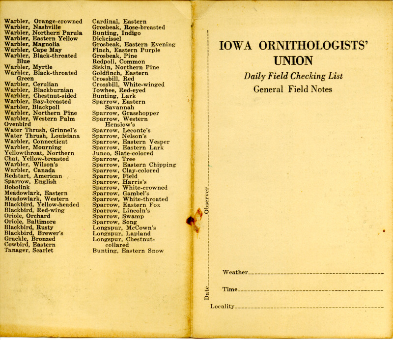 Brochure containing an Iowa Ornithologists' Union daily field checking list. Includes a list of birds found in Iowa and a place to record general field notes.