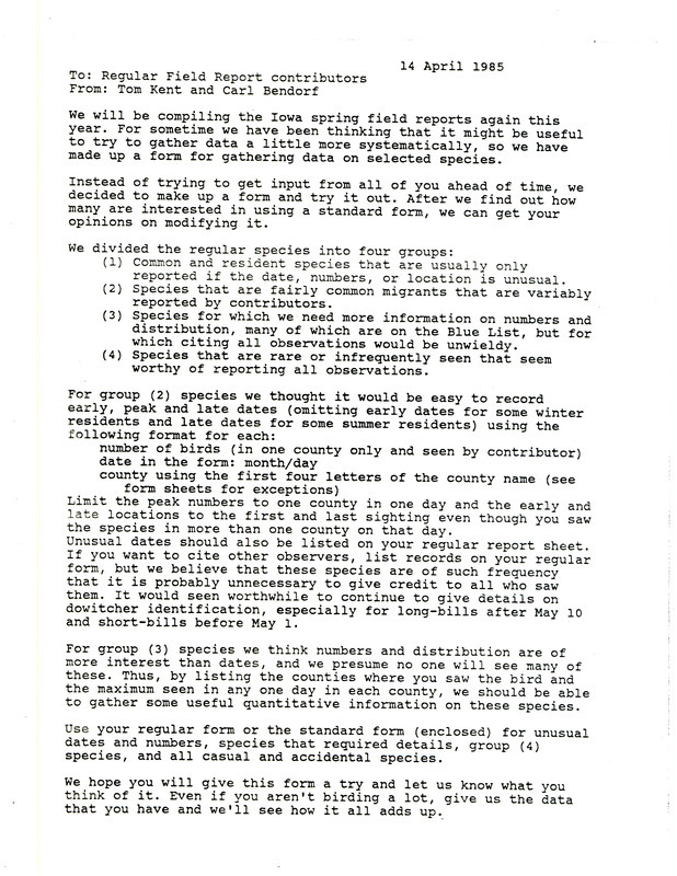 Tom Kent and Carl Bendorf letter to regular field report contributors informing about the use of a standardized form for gathering and reporting data on bird sightings.