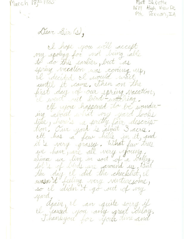 Letter from Matt Skretta to the Iowa Ornithologists' Union outlining the birds he observed in his yard in Mount Vernon, Iowa. He used the Iowa Ornithologists' Union field checklist of Iowa birds to record his observations. At the time of the letter Matt was 11 years old.