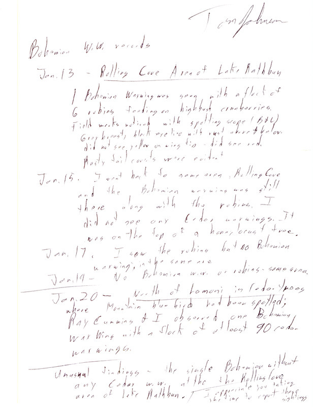 Bohemian Waxwing sighting reports contributed by Tom Johnson for January. No year is listed on this handwritten report. Also includes a weather and habitat conditions for June and July 1982.