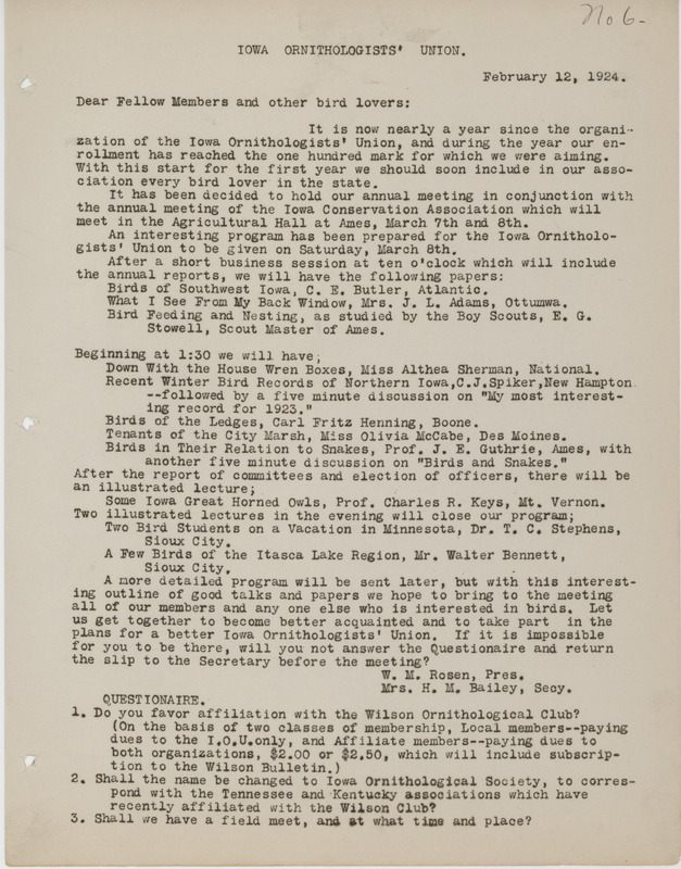 Letter to Iowa Ornithologists' Union members regarding a meeting to be held in conjunction with the Iowa Conservation Association annual meeting in Ames, Iowa on March 7-8, 1924. The letter includes a brief program for the meeting and a brief questionnaire. Mary L. Bailey signed the letter Mrs. H. M. Bailey.