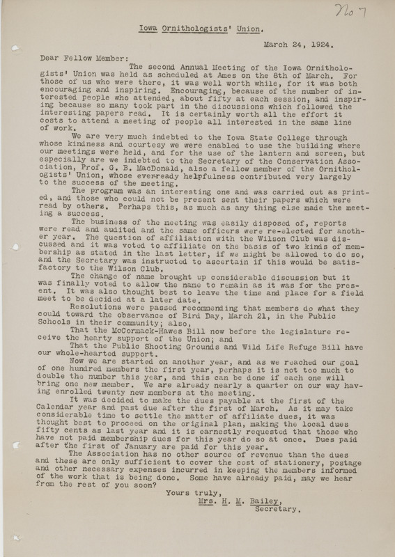 Letter to members of the Iowa Ornithologists' Union summarizing the second annual meeting held on March 8, 1924 in Ames, Iowa. Mary L. Bailey signed the letter as Mrs. H.M. Bailey.