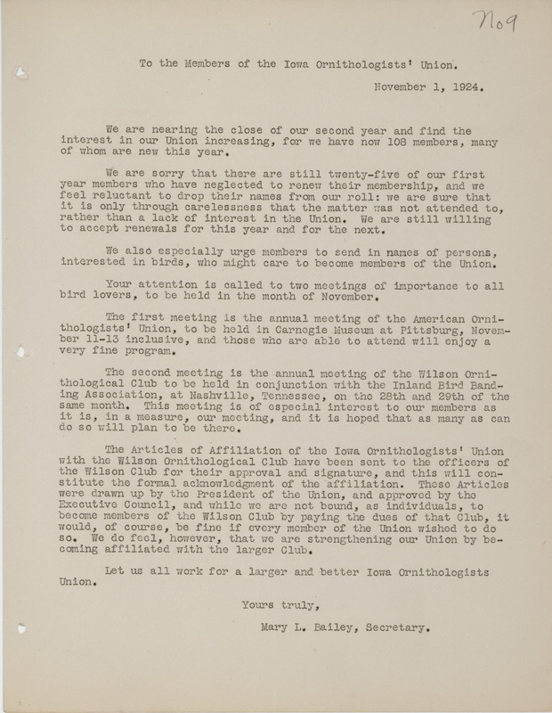 Letter to members of the Iowa Ornithologists' Union about two important upcoming meetings. Meetings include the American Ornithologists' Union meeting held in Pittsburgh, Pennsylvania, November 11-13, 1924 and the annual meeting of the Wilson Ornithological Club held in Nashville, Tennessee, November 28-29, 1924.