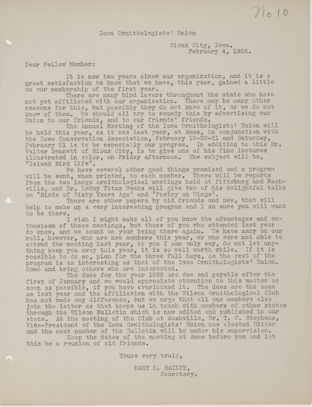 Letter to members of the Iowa Ornithologists' Union about the annual meeting to be held February 19-21, 1924 in Ames, Iowa. Includes a brief preliminary meeting program. Mary L. Bailey signs as the secretary of the Union.