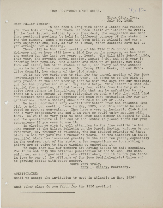 Letter to members of the Iowa Ornithologists' Union about planning for the next annual meeting. Includes mention of an article about the Purple Martin in the June issue of the Wilson Bulletin. Mary L. Bailey signs as the secretary of the Union.