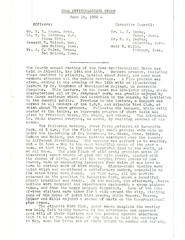 Minutes from the fourth annual meeting of the Iowa Ornithologists' Union held in Atlantic, Iowa, May 14-15, 1926. Minutes were signed by W. H. Rosen (Walter Rosene), president and Kenneth R. Nelsen, secretary.