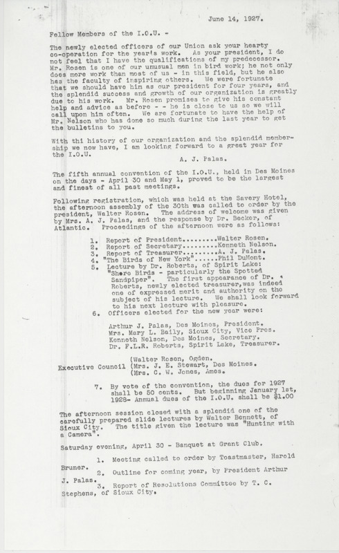 Letter to members of the Iowa Ornithologist's Union containing details of the fifth annual convention of the Union held between April 30 and May 1 of 1927 in Des Moines, Iowa. The letter includes a program outlining the events of the annual convention.