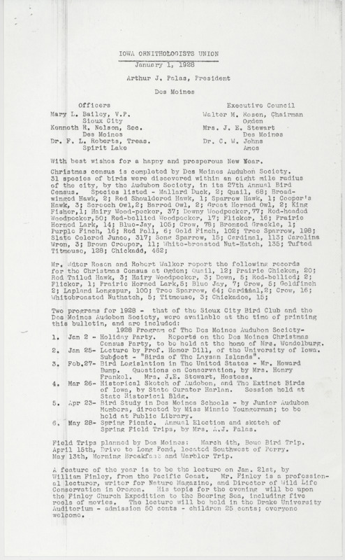 Minutes for the Iowa Ornithologists' Union meeting held in Des Moines, Iowa in January 1,1928. The minutes include information on the recently completed Christmas bird census. Also includes upcoming events such as field trips, lectures and programs. Written by Arthur J. Palas, president of the Iowa Ornithologists' Union.