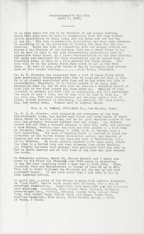 Letter to members of the Iowa Ornithologists' Union about the annual meeting to be held May 11-12, 1928 in Ames, Iowa. The letter is signed by Arthur J. Palas and Kenneth R. Nelson.