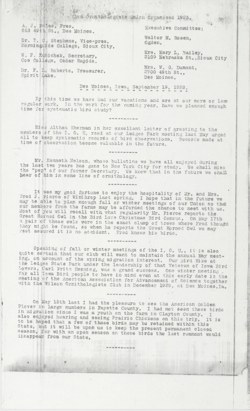 Letter to members of the Iowa Ornithologists' Union regarding the annual meeting held on May 11-12, 1928 in Ames, Iowa and Ledges State Park in Boone County, Iowa. Includes information on three papers that were presented at the meeting. The letter is signed by A. J. Palas, president.