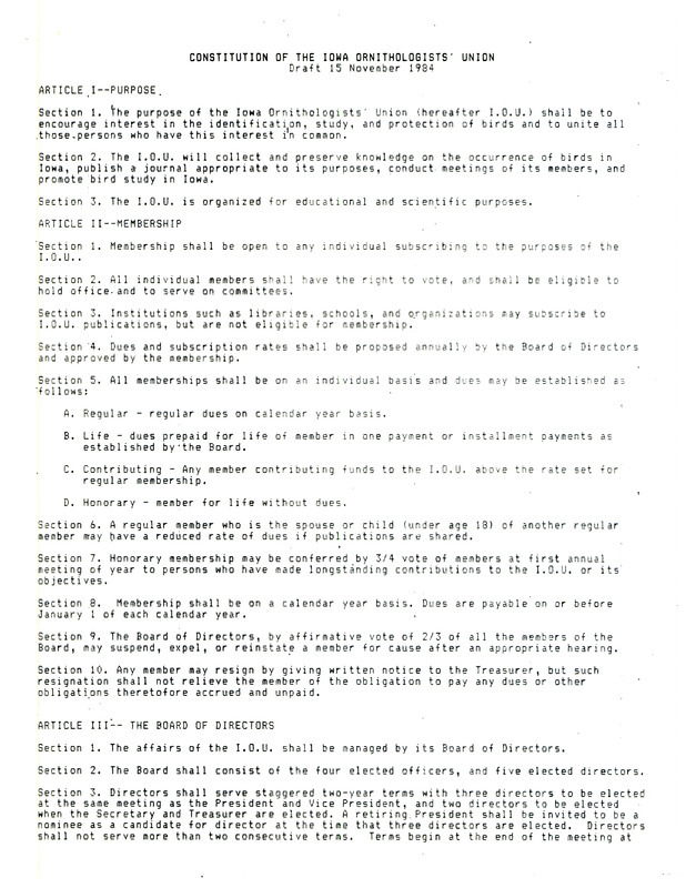 Draft Constitution for the Iowa Ornithologists' union includes eleven articles followed be several numbered sections outlining the proposal.