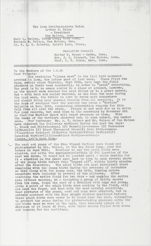 Letter to the Iowa Ornithologists' Union regarding the fall bird movement in Iowa. The letter includes names and locations where birds were observed by members. Includes information about several excursions and locations members have visited to view birds. The letter is written by Kenneth R. Nelson. The name A. J. Palas appears in parentheses at the end of the letter. The letter does not have a date.