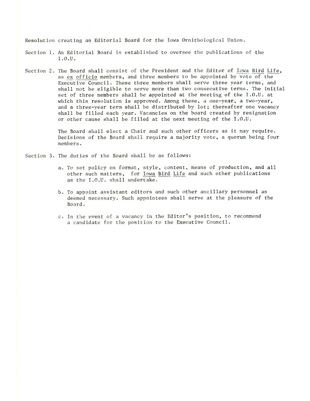 Resolution for the creation of an Editorial Board for the Iowa Ornithological Union. The resolution covers the establishment of the board, membership and duties.