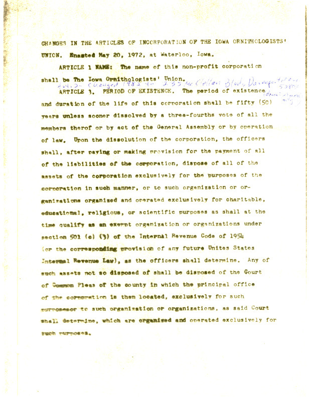 Changes in the Articles of Incorporation of the Iowa Ornithologists' Union that were enacted on May 20, 1972, in Waterloo, Iowa. Includes a detailed outline of the articles that were changed.