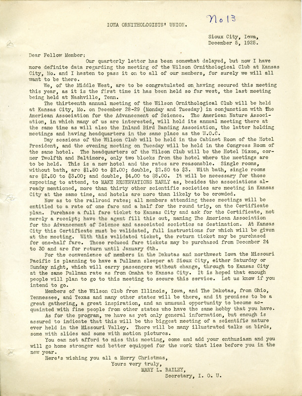 Letter to members of the Iowa Ornithologists' Union regarding the upcoming annual meeting of the Wilson Ornithological Club to be held in Kansas City, Missouri, December 28-29, 1925. The meeting will be held in conjunction with the American Association for the Advancement of Science.