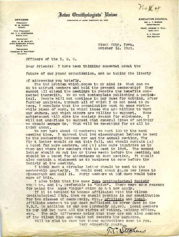 Letter from Thomas Calderwood Stephens discussing the need for boosting membership and encouraging more participation from current members. Includes two copies of the letter. One copy is typewritten on the Iowa Ornithologists' Union letterhead and the other typewritten copy does not have a letterhead.