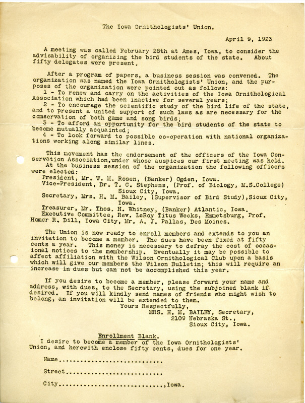 Notes from the Iowa Ornithologists' Union meeting held on April 9, 1923. The notes document the decision to name the organization the 'Iowa Ornithologists' Union and outlines the purpose of the organization.