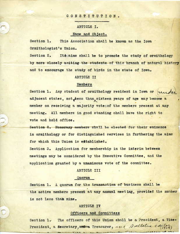 Early version of the Constitution of the Iowa Ornithologists' Union dated on 1928. The first article establishes the name of the association as the Iowa Ornithologists' Union.