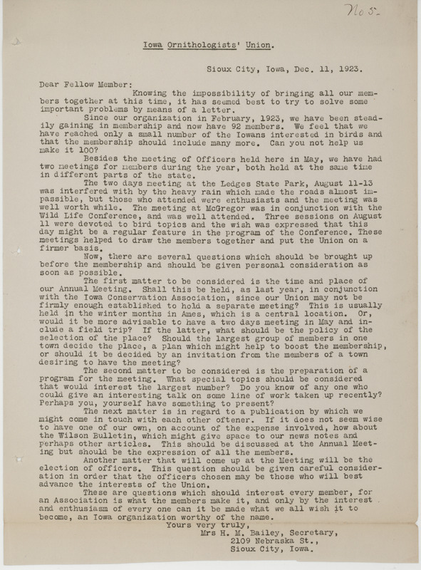 Letter to members of the Iowa Ornithologists' Union. The letter includes notes on increasing membership numbers, setting a time and place for the annual meeting and topics for programs to be presented at future meetings.