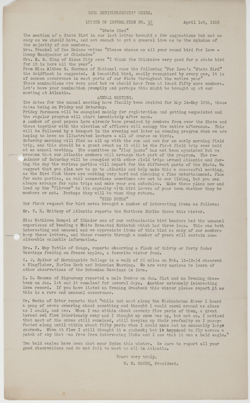 Letter to members of the Iowa Ornithologists' Union giving the dates of May 14-15 for the annual meeting. The letter includes members suggestions for naming a state bird of Iowa. It also has a "Bird Notes" section for bird sighting reports by members.