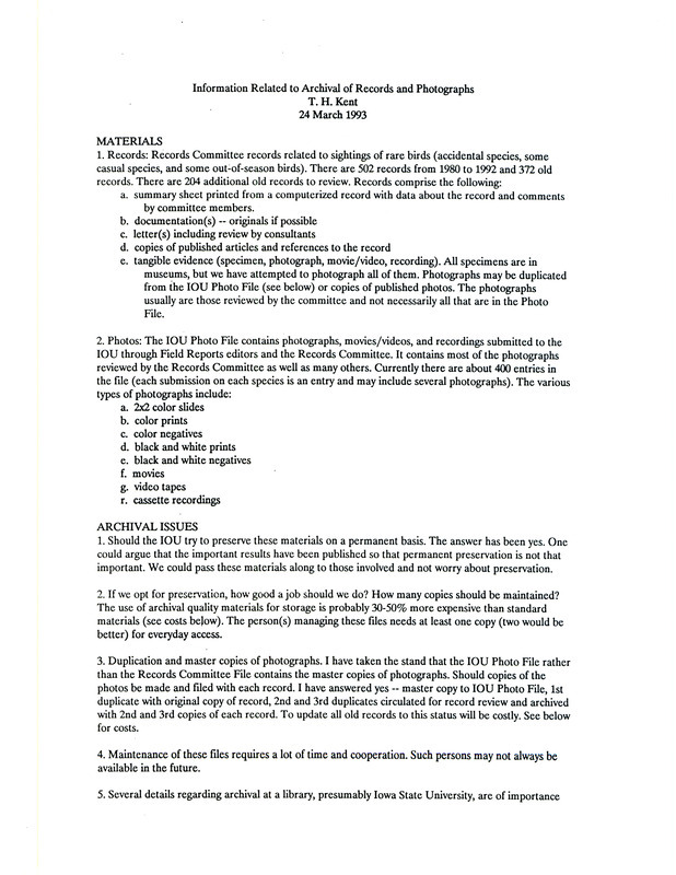 Document gathering information related to the archival preservation of the Iowa Ornithologist's Union records and photographs. Iowa State University Library is mentioned as a possible location to preserve the archival materials. The document includes the type of materials to be preserved as well as the estimated cost.