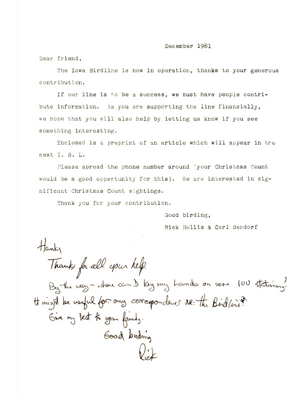 Letter to members of the Iowa Ornithologists' Union announcing the Iowa Birdline is now in operation. A handwritten note by Richard Jule Hollis at the bottom of letter thanks Hank Zaletel for all his help.