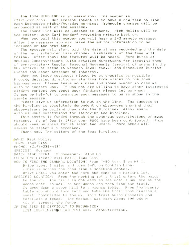 Richard Jule Hollis letter to Hank Zaletel announcing that the Iowa Birdline is now in operation. The letter includes directions on how to use the Iowa Birdline. This letter was sent to Hank Zaletel in advance of sending a letter to all members of the Iowa Ornithologists' Union.