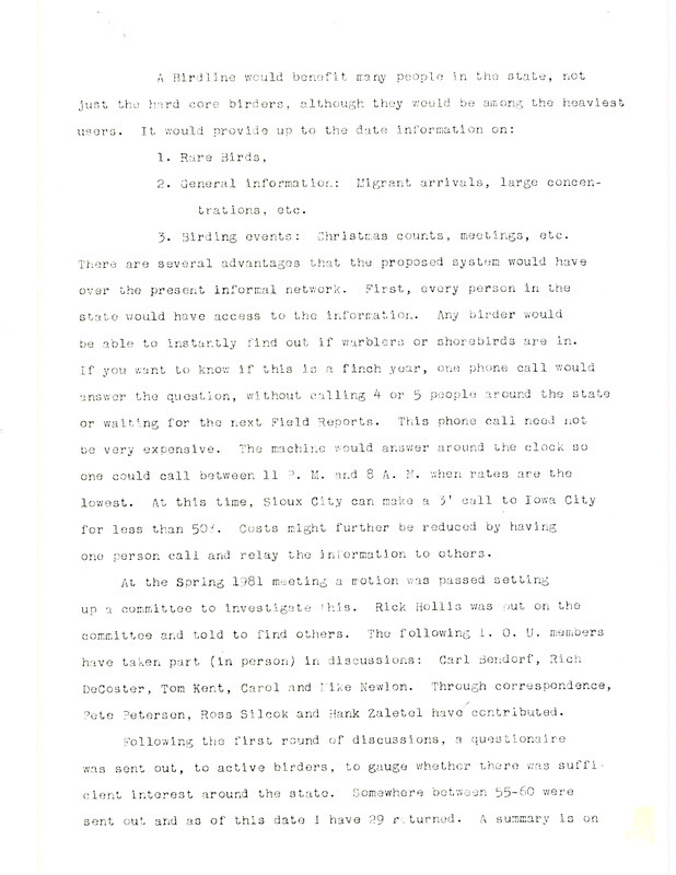 The Iowa Birdline information sheet provided to members of the Iowa Ornithologists' Union. The document includes the first year operating expenses and subsequent years. It also includes a sample message for reporting.