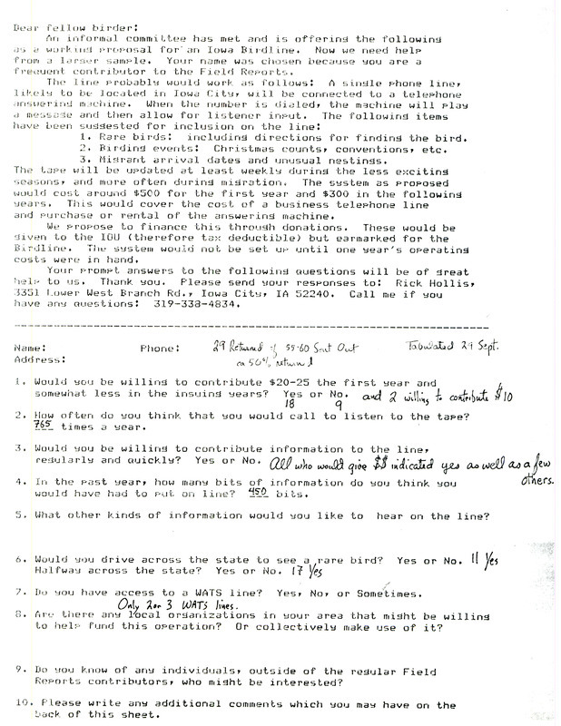 Letter to Iowa Ornithologists' Union members regarding a working proposal for an Iowa Birdline (phoneline). The letter includes a survey to gather information in order to set up the Birdline.