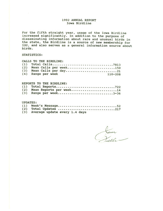 Iowa Birdline annual report for 1992. The report includes usage statistics during the year.