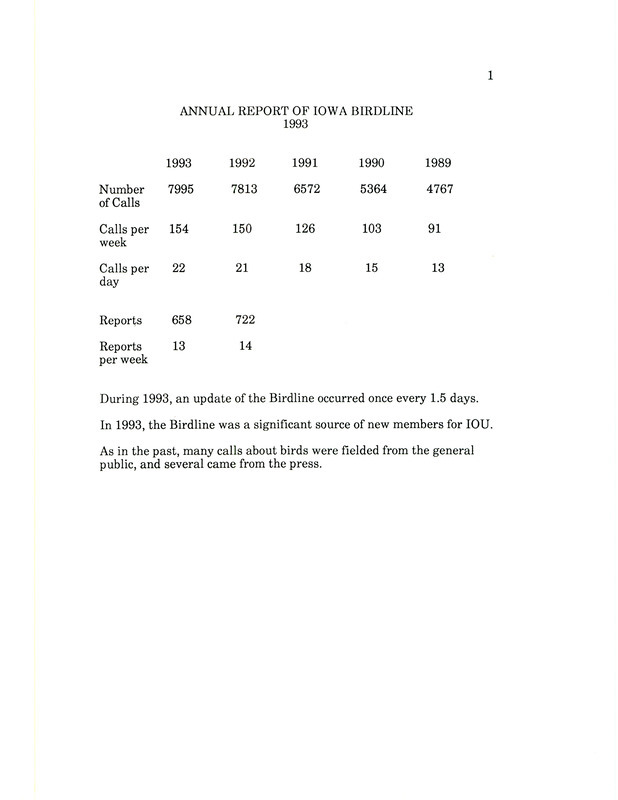 Iowa Birdline annual report for 1993. The report shows increasing usage of the Iowa Birdline for 1989-1993.