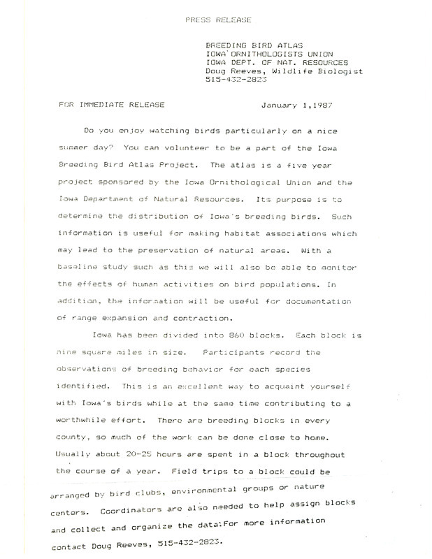 Iowa Breeding Bird Atlas press release and other documents compiled by Doug Reeves. Includes information on atlas blocks, bird identification and habitat.