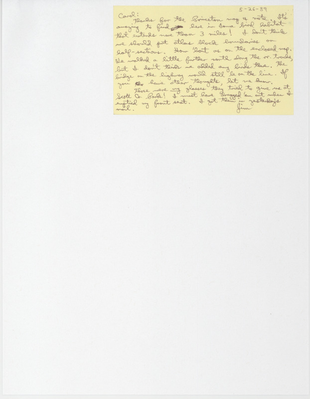 Breeding Bird Atlas block map is a topographic map covering Princeton Township in Scott County, Iowa. Included with the map is a note from James L. Dinsmore to Carol A. Thompson regarding atlas block boundaries, May 26, 1989.