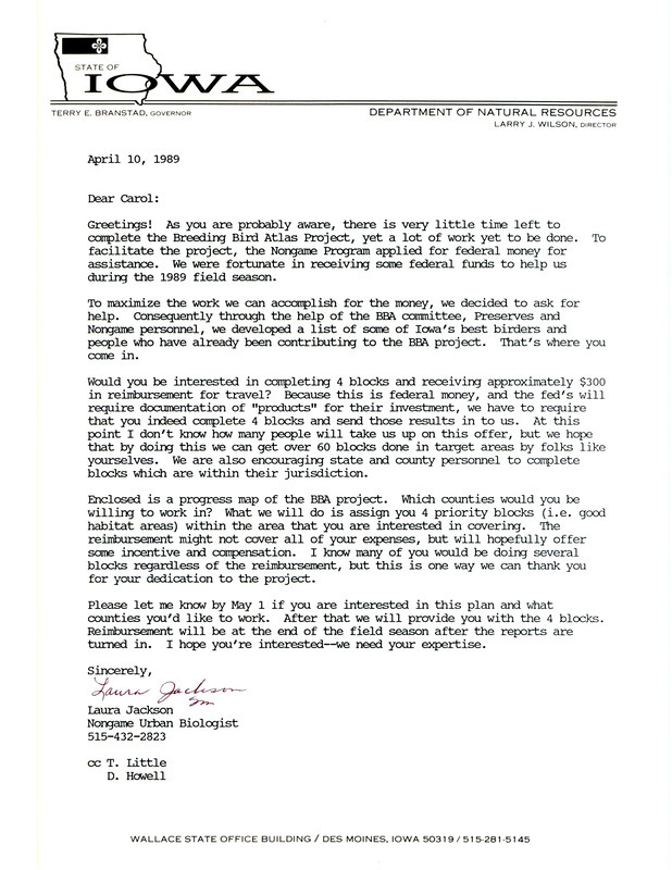 Laura Spess Jackson letter to Carol A. Thompson regarding federal money received to help with the Breeding Bird Atlas Project for 1989. In the letter, Laura Spess Jackson asks Carol A. Thompson if she is interested in completing four blocks for the project.