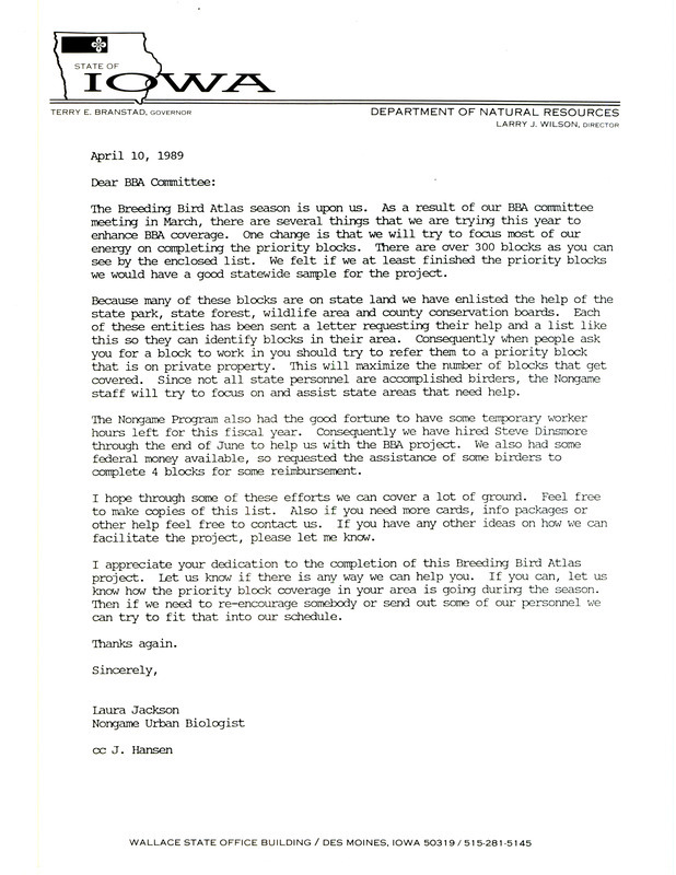 Letter to the Breeding Bird Atlas committee regarding completing priority blocks for the atlas project. The letter includes a plan to recruit state of Iowa personnel to help accomplish the work.