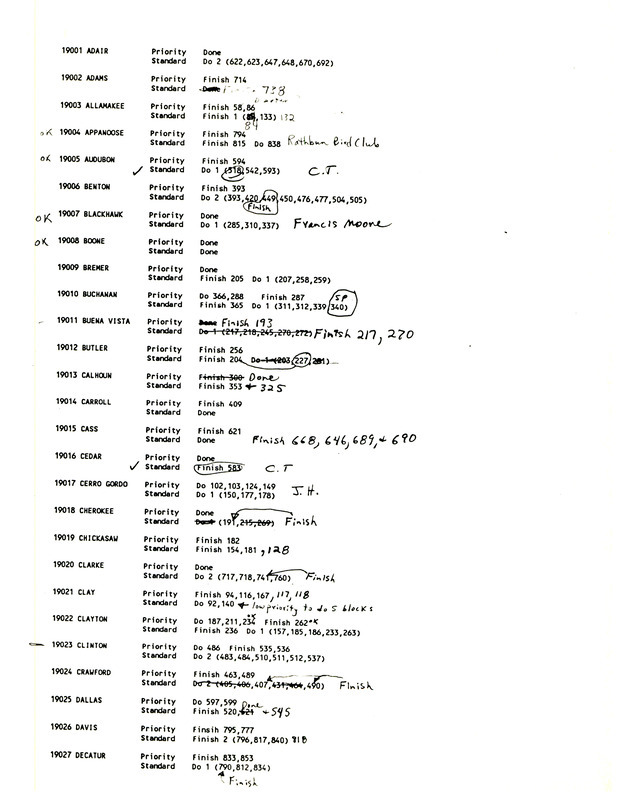 Breeding Bird Atlas list of Iowa counties showing priority and standard blocks. The list shows blocks in progress and blocks that are completed.