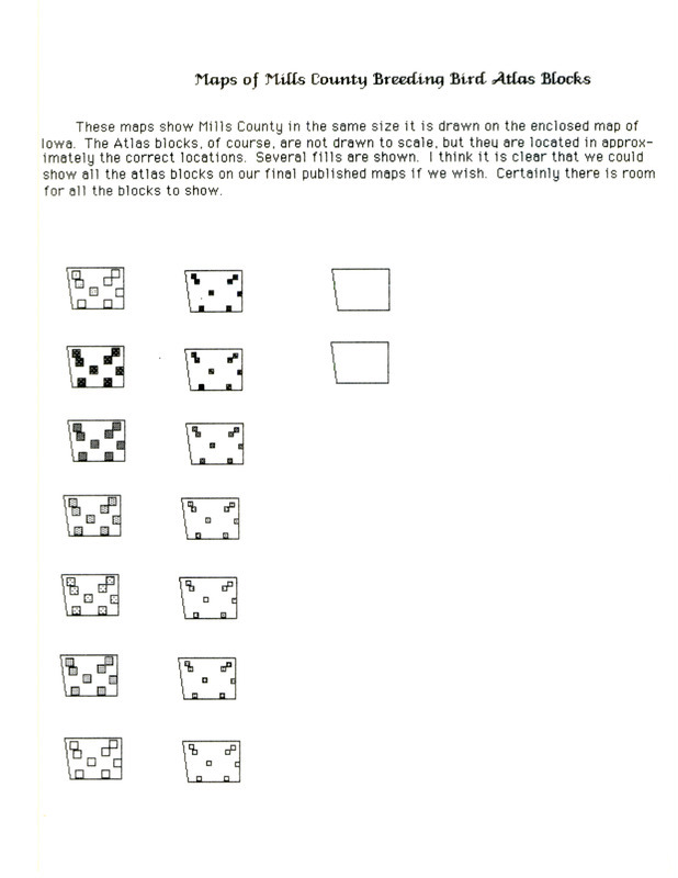 Maps of Mills County Breeding Bird Atlas blocks includes hand drawn maps with locations of the atlas blocks shown in various stages of completion. The hand drawn maps are not drawn to scale.