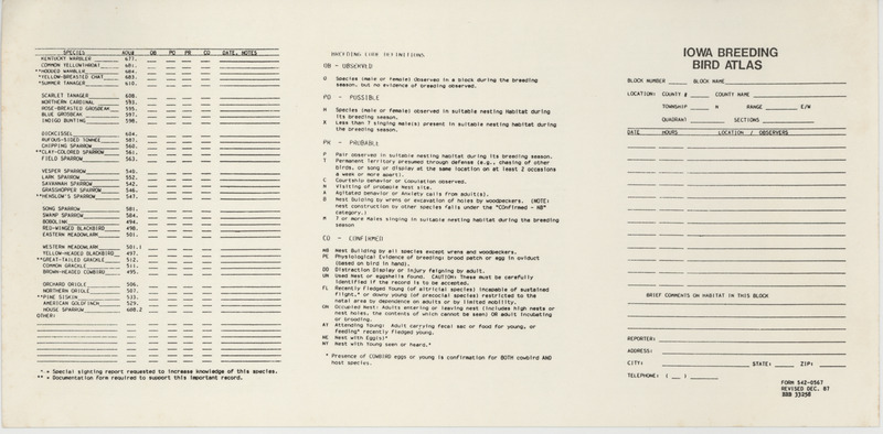 Blank standardized Iowa Breeding Bird Atlas checklist form for reporting bird species sightings it includes breeding code definitions with species habitat information.